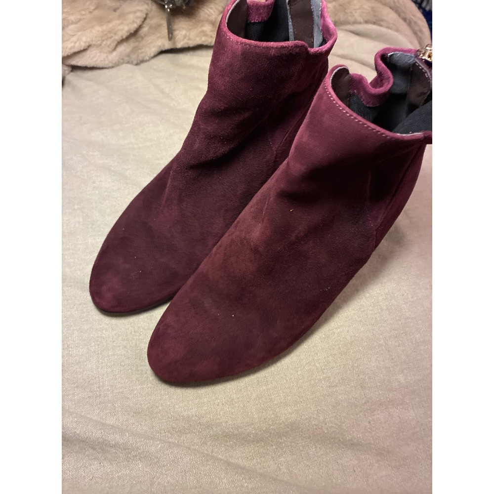 Elizabeth Stuart Burgundy Suede Ankle Boots Gold Trim Block Heel Rear Zip 235